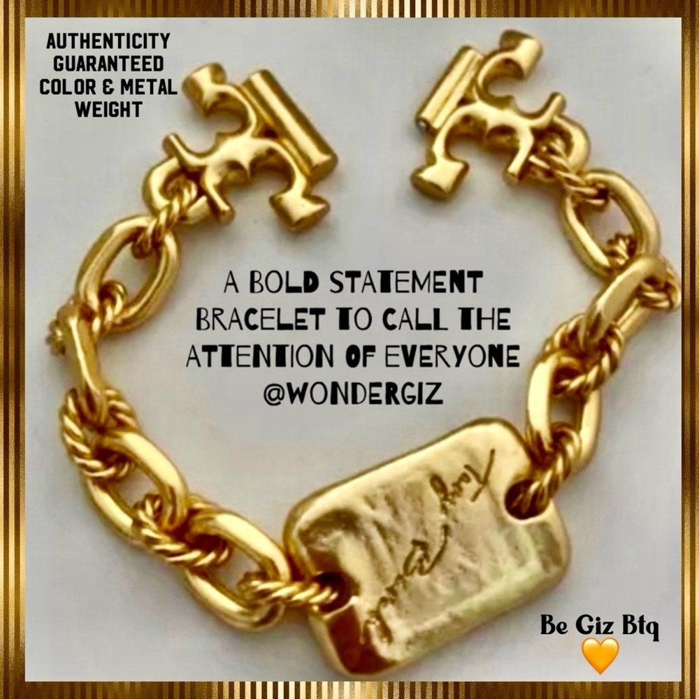 🆕 Tory Burch Authentic Torsade Vintage Gold Engraved Logo Bracelet